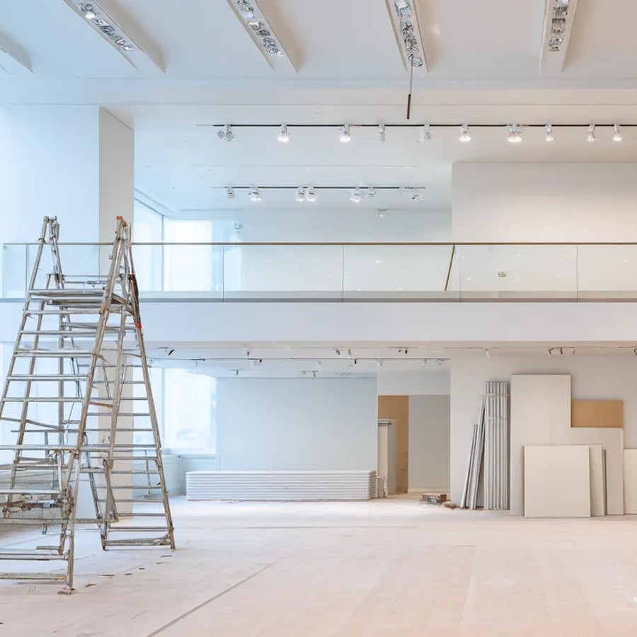 Une grande salle blanche en cours de rénovation