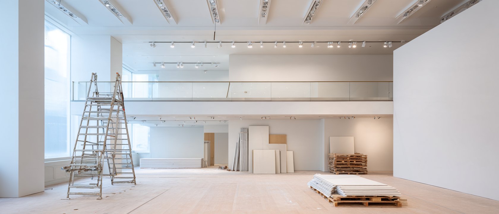 Une grande salle blanche en cours de rénovation