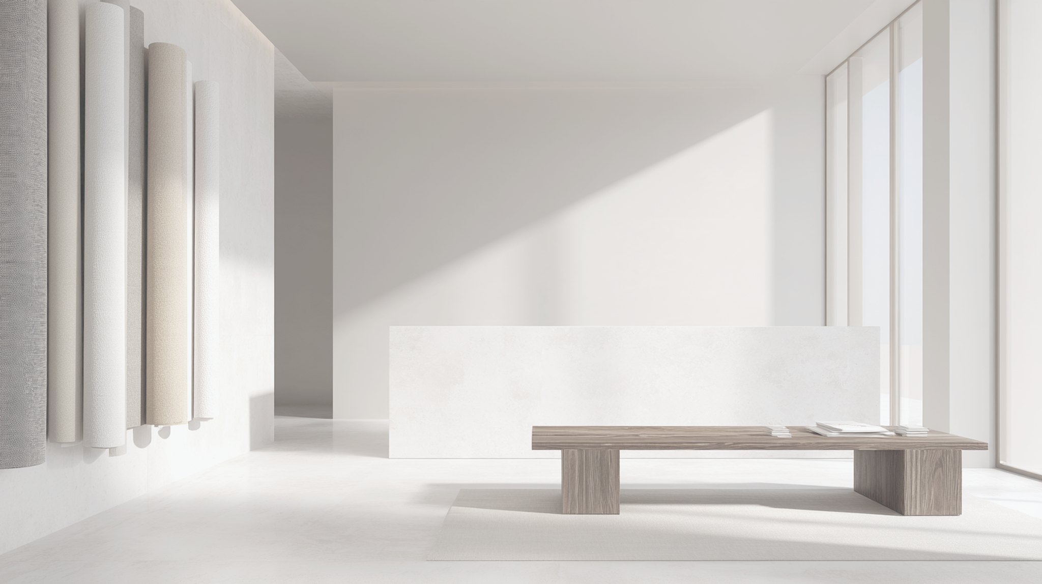Un espace d’accueil blanc et lumineux, comptoir de pierre et banc de bois